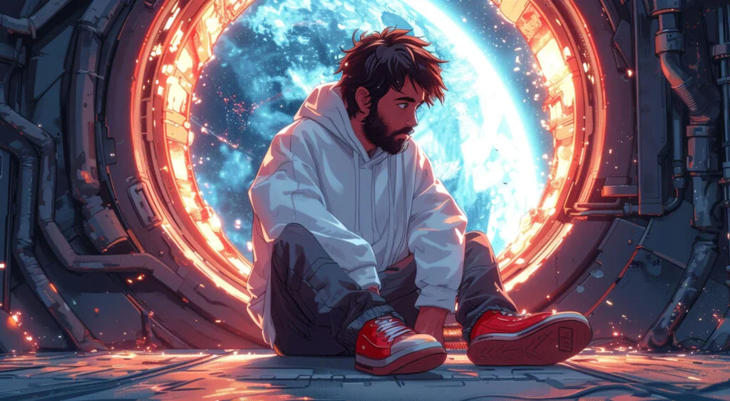 portalboy sitting in a space station airlock, looking out through a glowing portal at a distant planet